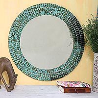 Glass mosaic mirror, 'Turquoise Sunset' - Glass Tiles Round Wall Mirror