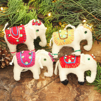 Wool ornaments, White Elephants (set of 4)
