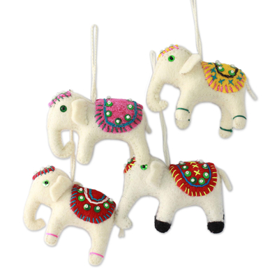 Adornos de lana, (juego de 4) - Conjunto de cuatro adornos de elefante blanco de comercio justo