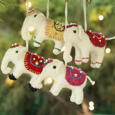 Wool ornaments, 'White Elephants' (set of 4) - Four Fair Trade White Elephant Ornaments Set