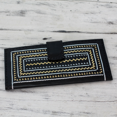 Leather wallet, 'Scintillating Black' - Metallic Weave on Leather Wallet with Multiple Pockets