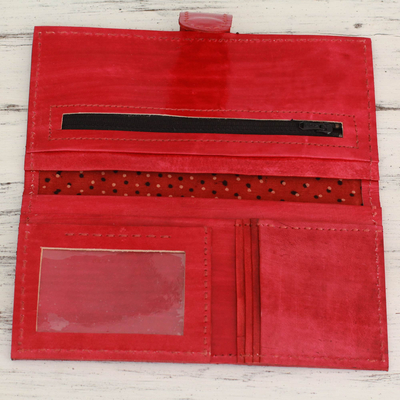 Leather wallet, 'Scintillating Red' - Metallic Weave on Leather Wallet with Multiple Pockets