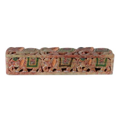 Soapstone incense holder box, 'The King's Elephants' - Soapstone Elephant Incense Holder Box