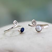 Cultured pearls and lapis lazuli toe rings, 'Pretty Perfection' (pair) - Pearl and Lapis Lazuli Sterling Silver Toe Rings (Pair)