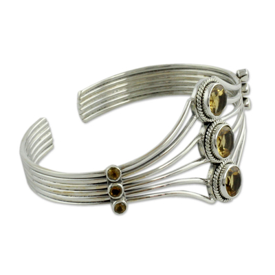 Citrine cuff bracelet, 'Glamour' - Modern Sterling Silver and Faceted Citrine Cuff Bracelet