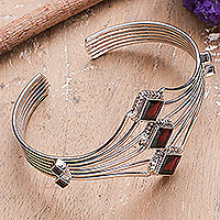 Garnet cuff bracelet, 'Glamour' - Faceted Garnet and Sterling Silver Bracelet