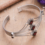 Garnet cuff bracelet, 'Glamour' - Modern Sterling Silver and Faceted Garnet Cuff Bracelet