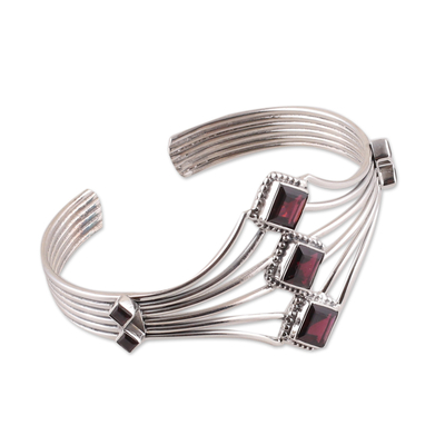 Garnet cuff bracelet, 'Glamour' - Modern Sterling Silver and Faceted Garnet Cuff Bracelet