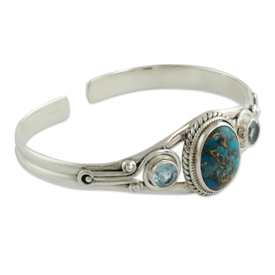 Blue topaz cuff bracelet, 'Azure Heavens' - Handmade Blue Topaz Bracelet with Composite Turquoise