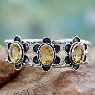 Citrine cuff bracelet, 'Bright Blossoms' - Modern Sterling Silver and Faceted Citrine Floral Bracelet