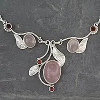 Rose quartz and garnet Y-necklace, 'Dew Blossom'