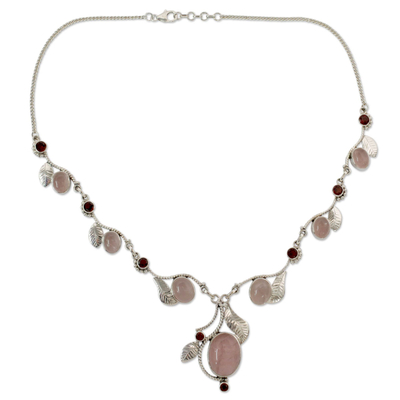 Rose quartz and garnet Y-necklace, 'Dew Blossom' - Handmade Necklace Rose Quartz and Garnet from India