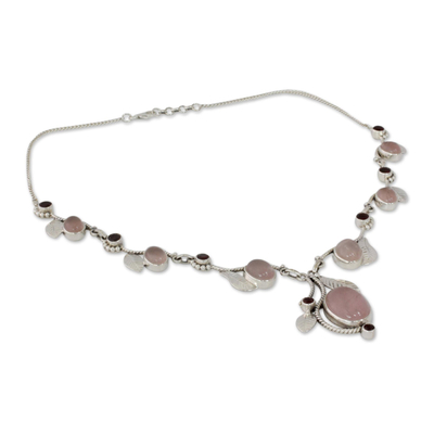 Y-Halskette aus Rosenquarz und Granat - Handgefertigte Halskette aus Rosenquarz und Granat aus Indien