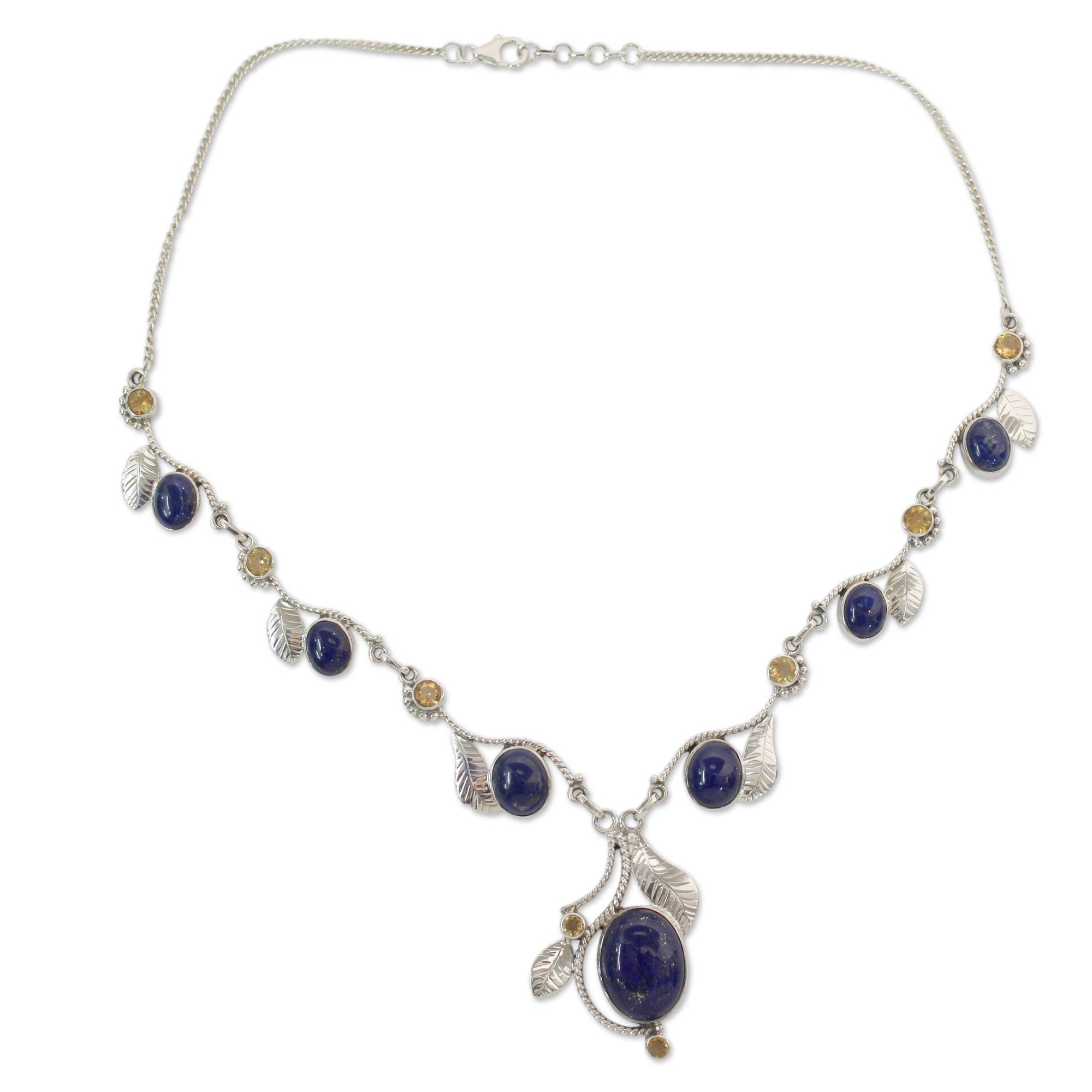 India Jewelry Lapis Lazuli and Citrine Y Necklace - Dew Blossom | NOVICA
