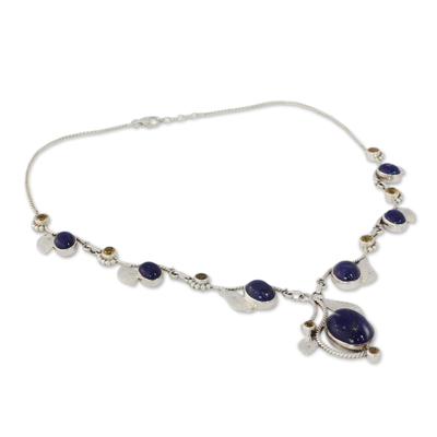 Lapis lazuli and citrine Y-necklace, 'Dew Blossom' - India Jewelry Lapis Lazuli and Citrine Y Necklace