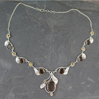 Smoky quartz and citrine Y-necklace, 'Dew Blossom' - India Jewelry Smoky Quartz and Citrine Y-necklace
