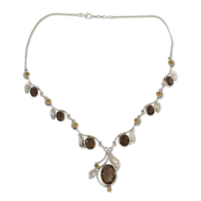 Smoky quartz and citrine Y-necklace, 'Dew Blossom' - India Jewellery Smoky Quartz and Citrine Y-necklace