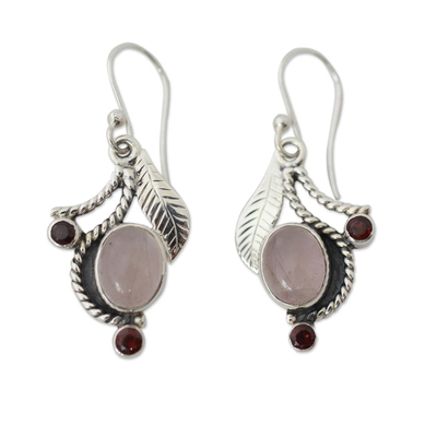 Rose quartz and garnet dangle earrings, 'Dew Blossom' - Handmade Earrings Rose Quartz and Garnet from India