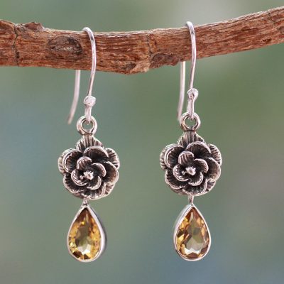 Citrine flower earrings, 'Golden Rose' - Citrine Floral jewellery from India