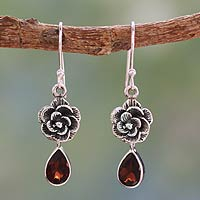 Garnet flower earrings, 'Scarlet Rose' - Garnet Floral Jewelry from India