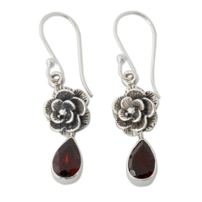 Garnet flower earrings, 'Scarlet Rose' - Garnet Floral Jewellery from India