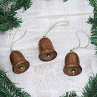 Wood ornaments, 'Bells of Peace' (set of 3) - Fair Trade Hand-carved Wood Ornaments (set of 3)