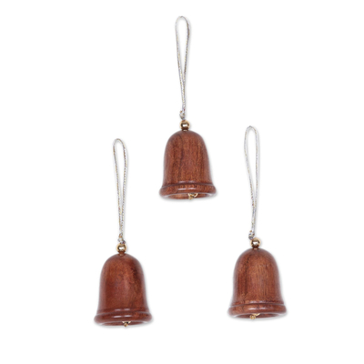Wood ornaments, 'Bells of Peace' (set of 3) - Fair Trade Hand-carved Wood Ornaments (set of 3)