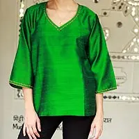 Silk tunic, 'Grand Emerald' - Embellished Silk Tunic Blouse from India