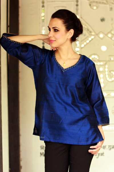 Embellished Silk Tunic Blouse From India Grand Sapphire Novica 0097