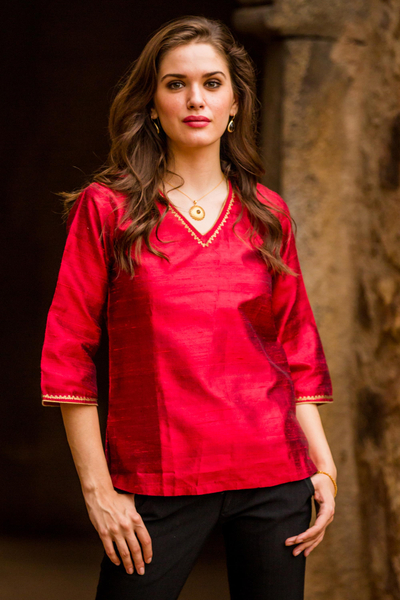 Silk tunic, 'Grand Ruby' - Embellished Dupioni Silk Tunic from India