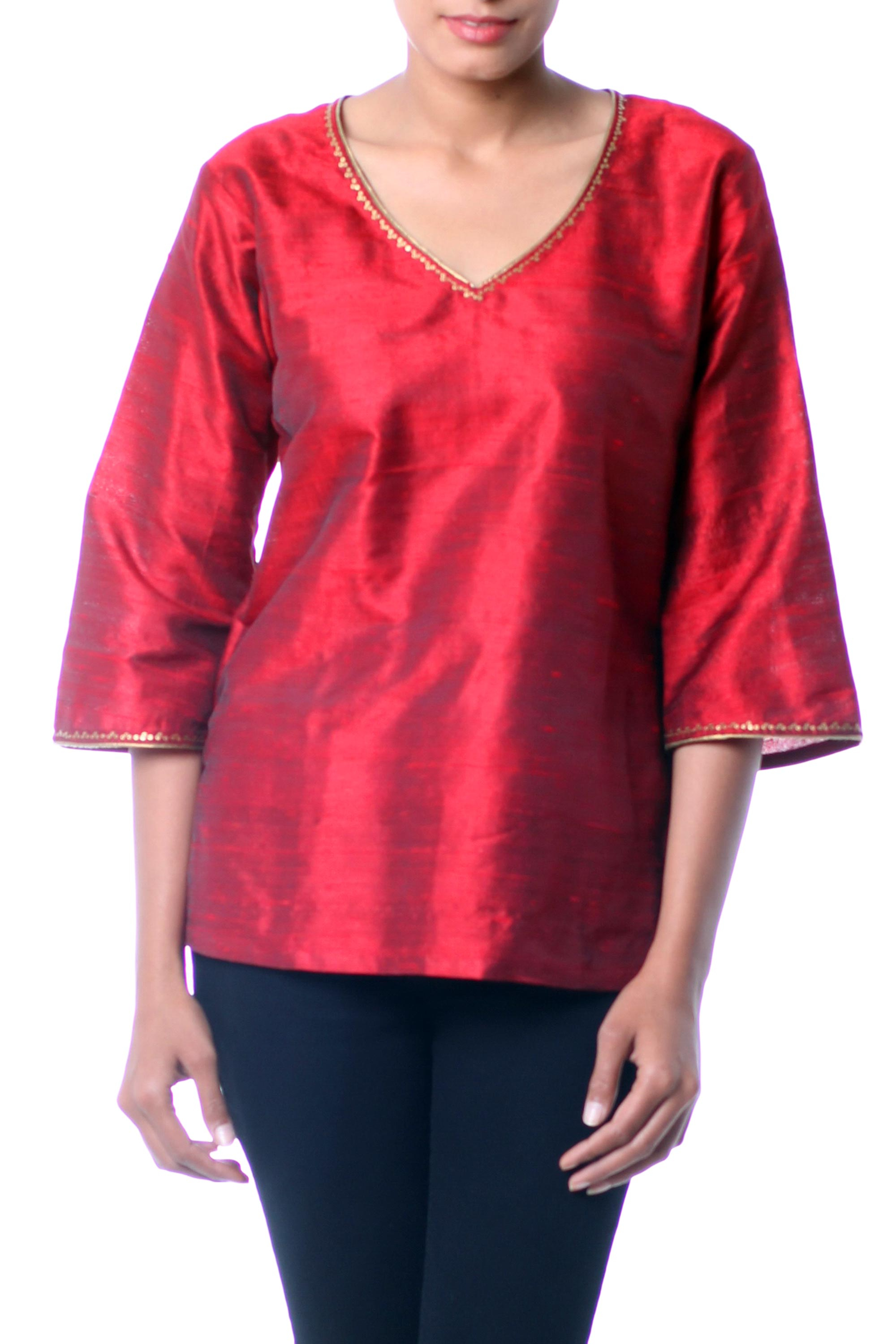 Embellished Silk Tunic Blouse From India Grand Ruby Novica 5620