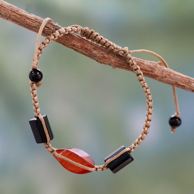 Onyx and agate cord bracelet, 'Midnight Flame' - Onyx and Red Agate Macrame Bracelet