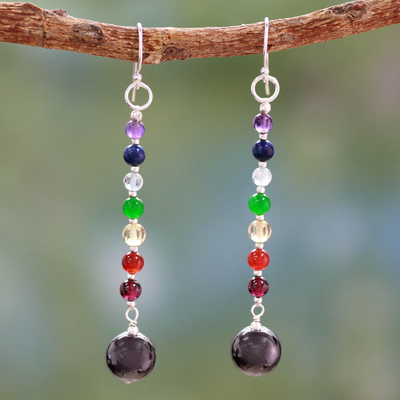 Multi gemstone chakra earrings, 'Gracious' - Hand Crafted Gemstone Chakra Theme Dangle Earrings