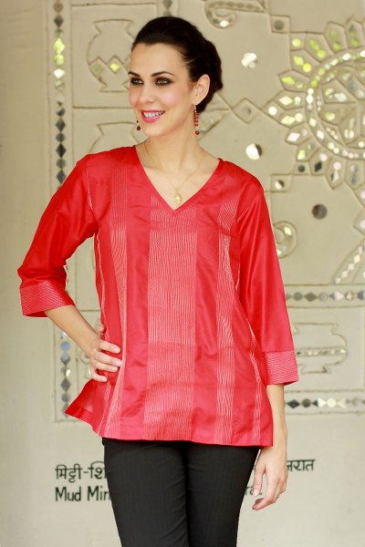 Silk tunic, 'Holiday Crimson' - Women's Red Silk Tunic with Golden Zari Embroidery