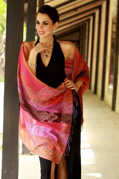 Wool shawl, 'Holi Parade' - Warm multicoloured Wool Jamawar Shawl Wrap