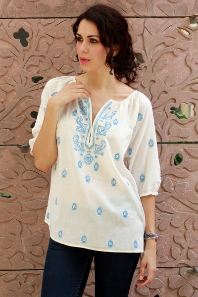 Cotton top, 'Majestic Blue' - Embroidered White Cotton Top