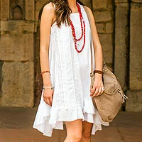 Vestido de verano de algodón, 'Florid Fun' - Vestido de verano sin mangas de algodón blanco de la India