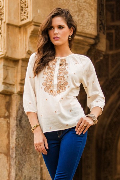 Cotton top, 'Majestic Gold' - Embroidered Indian Fair Trade Cotton Top