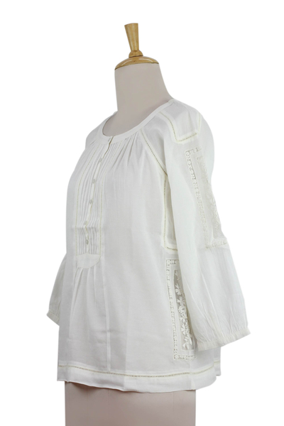 Blusa de mezcla de algodón - Blusa de mujer en mezcla de algodón crudo con detalles de encaje