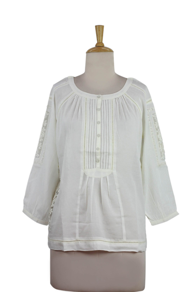 Cotton blend blouse, 'Floral Nature' - Ecru Cotton Blend Women's Blouse with Lace Accents
