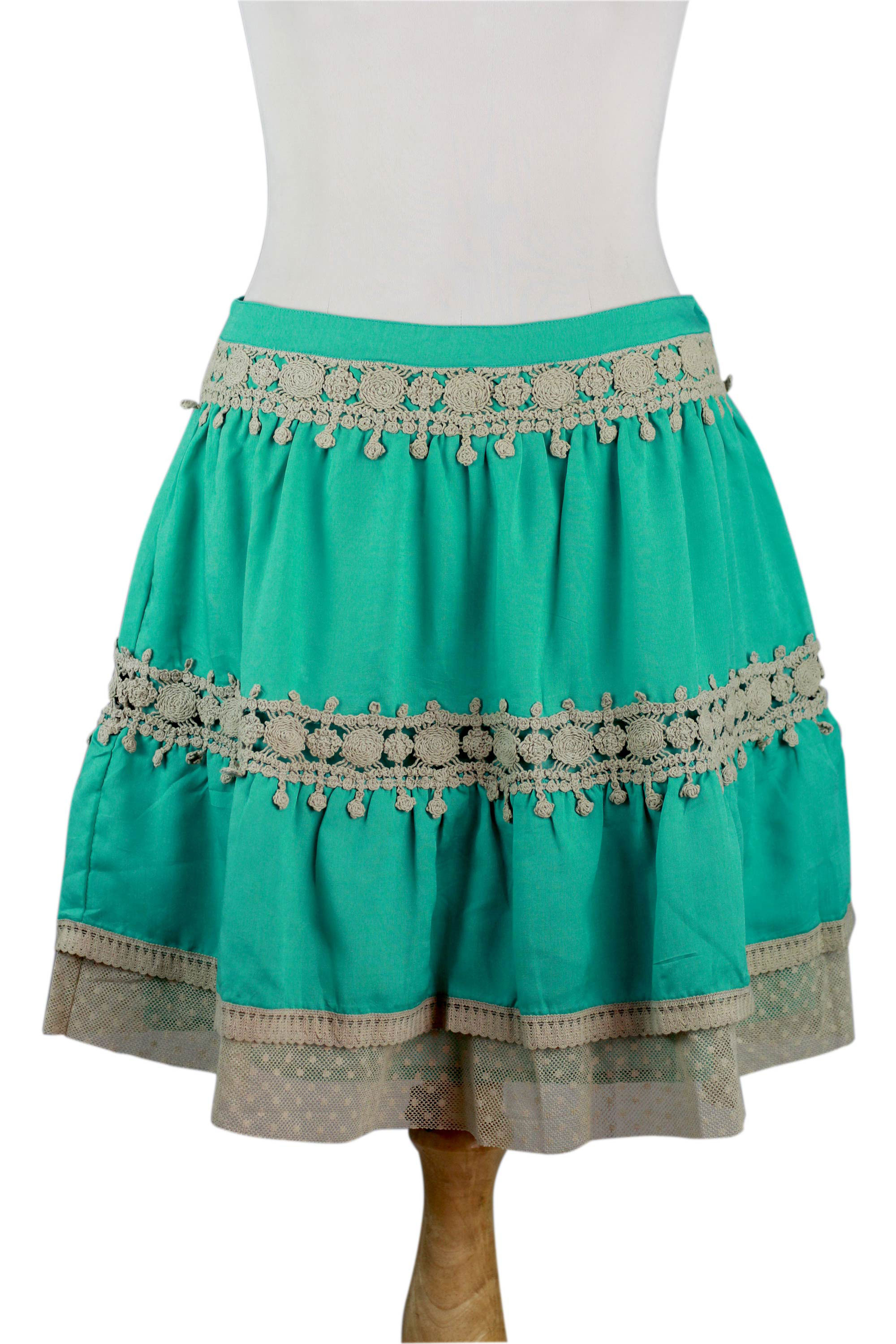 Lace Trim Green Viscose Skirt - Ruffled Green | NOVICA