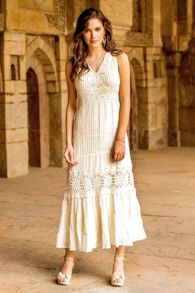 Cotton maxi dress, 'Flower Princess' - Lace Trim Long Ecru Cotton Dress