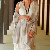 Wool shawl, 'Paisley Lands' - Taupe and Cream Super Soft Wool Shawl Wrap