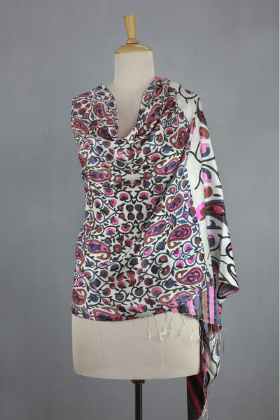 Silk shawl, 'Pink Paisley Garden' - Screen Printed Silk Shawl Indian Wrap