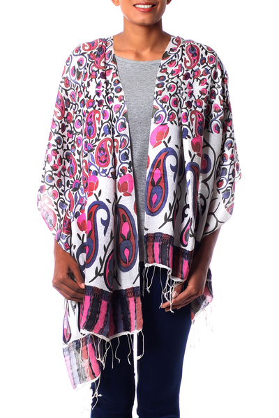 Silk shawl, 'Pink Paisley Garden' - Screen Printed Silk Shawl Indian Wrap