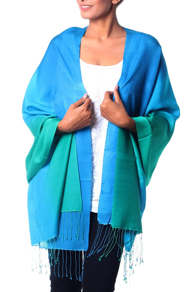 Silk and wool shawl, 'Turquoise Shimmer' - Turquoise Ombre Silk and Wool Blend Shawl