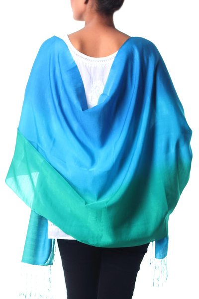 Chal de seda y lana, 'Turquoise Shimmer' - Chal de mezcla de seda y lana turquesa Ombre