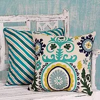 Embroidered cushion covers, Aqua Fusion (pair)