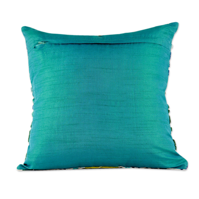 Embroidered cushion covers, 'Aqua Fusion' (pair) - Two Embroidered Cushion Covers in Aqua Tones from India