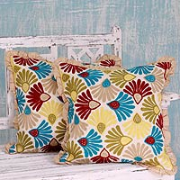 Embroidered cushion covers, 'Floral Delight' (pair) - Floral Embroidered Cushion Covers with Ruffles (Pair)